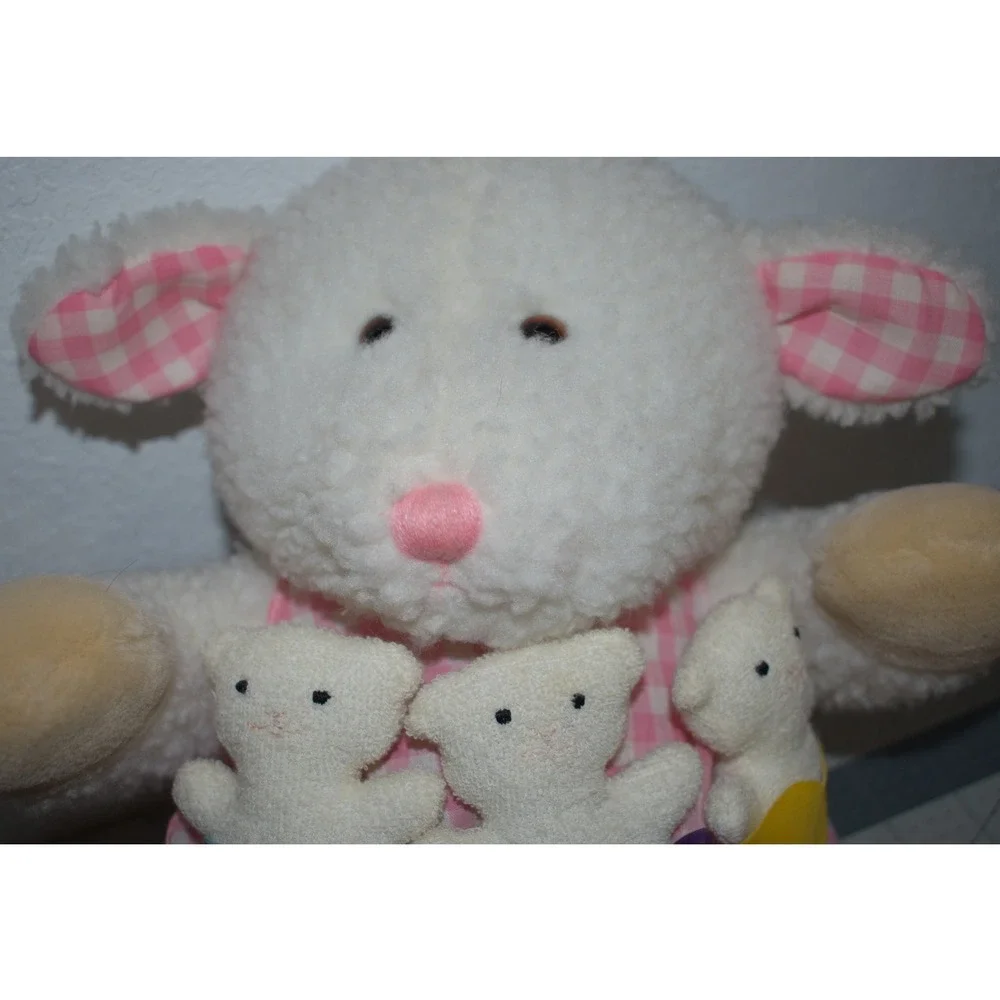 Vintage 1993 Dakin Mother Sheep Plush Pink Gingham Dress with 3 Baby Lambs 16 in